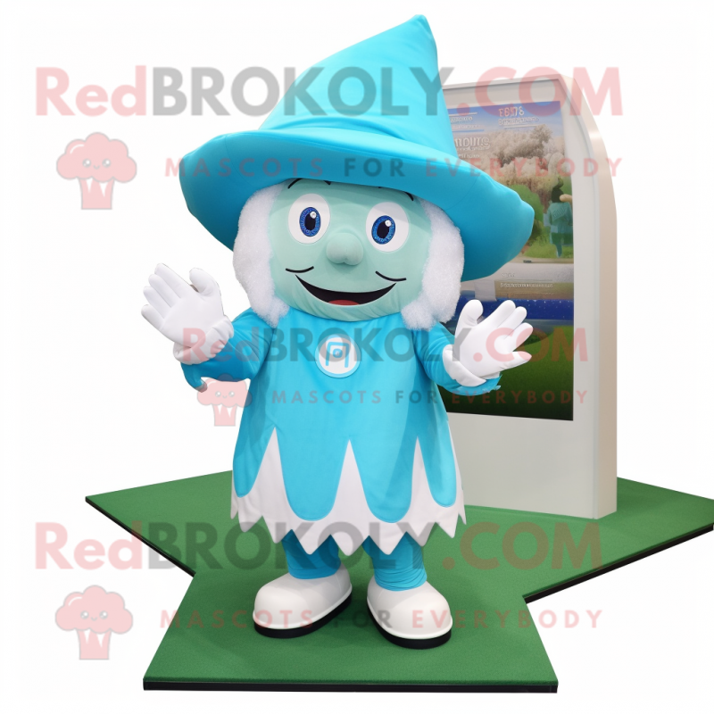 Sky Blue Leprechaun Hat mascot costume character dressed with a Cover-up and Foot pads Sky Blue Leprechaun Hat mascot costume character dressed with a Cover-up and Foot pads