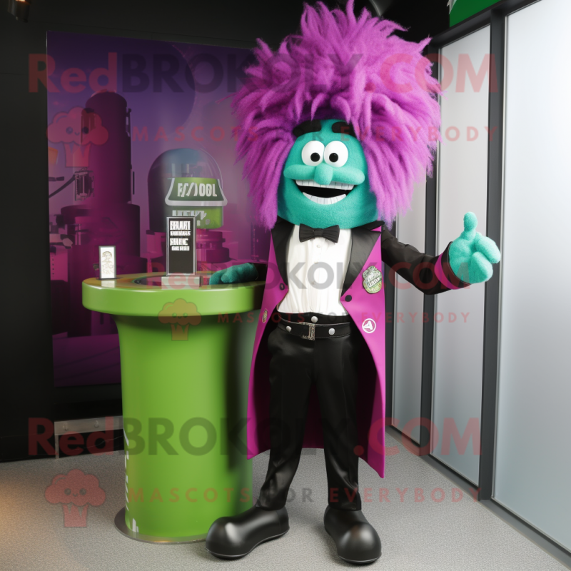 Magenta Green Beer mascot costume character dressed with a Tuxedo and Hair clips Magenta Green Beer mascot costume character dressed with a Tuxedo and Hair clips