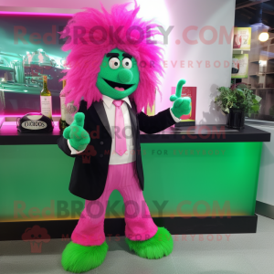 Magenta Green Beer mascot costume character dressed with a Tuxedo and Hair clips