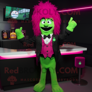 Magenta Green Beer mascot costume character dressed with a Tuxedo and Hair clips