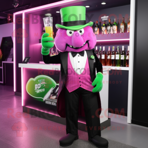 Magenta Green Beer mascot costume character dressed with a Tuxedo and Hair clips