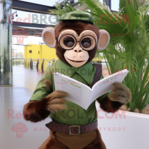 Olive Capuchin Monkey mascot costume character dressed with a Bodysuit and Reading glasses