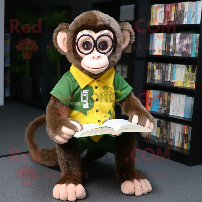 Olive Capuchin Monkey mascot costume character dressed with a Bodysuit and Reading glasses