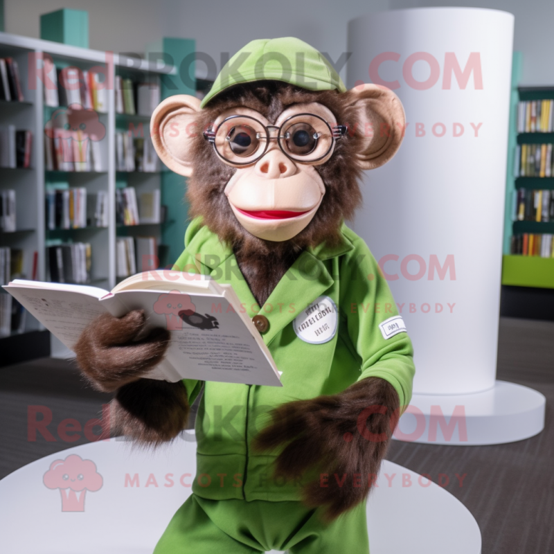 Olive Capuchin Monkey mascot costume character dressed with a Bodysuit and Reading glasses Olive Capuchin Monkey mascot costume character dressed with a Bodysuit and Reading glasses