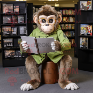 Olive Capuchin Monkey mascot costume character dressed with a Bodysuit and Reading glasses