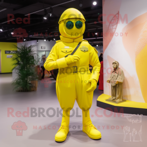 Lemon Yellow Soldier mascot costume character dressed with a Ball Gown and Belts