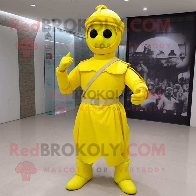 Lemon Yellow Soldier mascot costume character dressed with a Ball Gown and Belts Lemon Yellow Soldier mascot costume character dressed with a Ball Gown and Belts