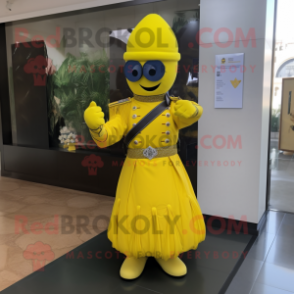 Lemon Yellow Soldier mascot costume character dressed with a Ball Gown and Belts