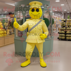 Lemon Yellow Soldier mascot costume character dressed with a Ball Gown and Belts