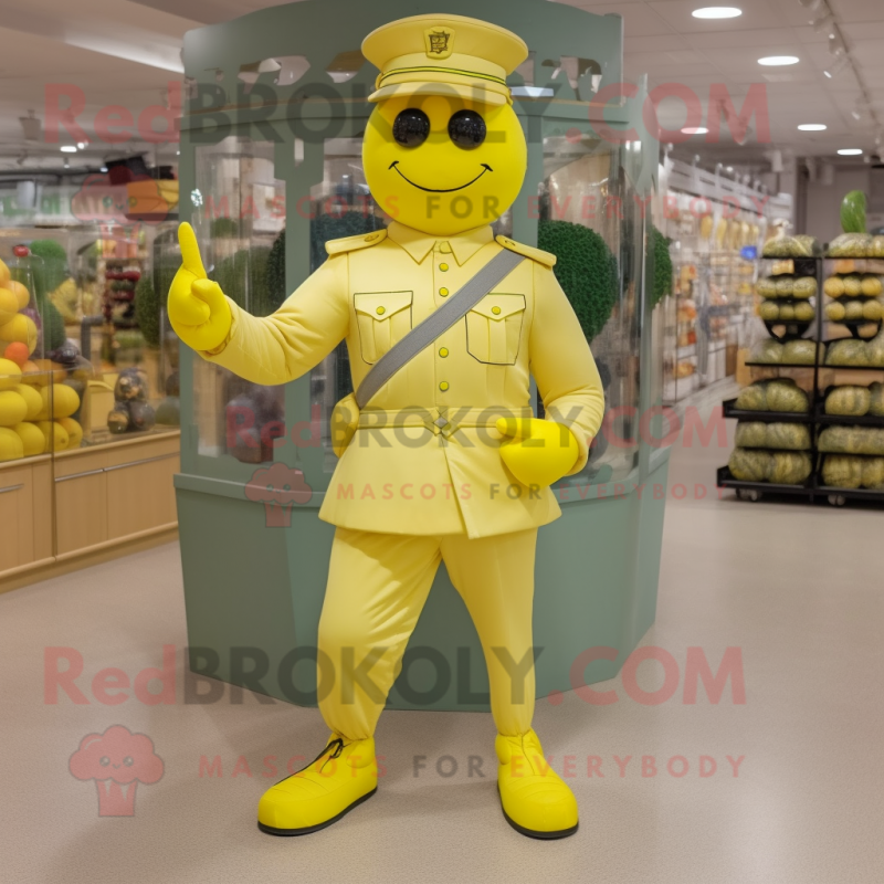 Lemon Yellow Soldier mascot costume character dressed with a Ball Gown and Belts