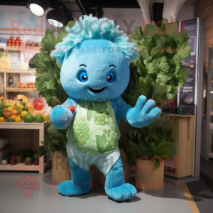 Turquoise Broccoli mascot costume character dressed with a Romper and Hairpins