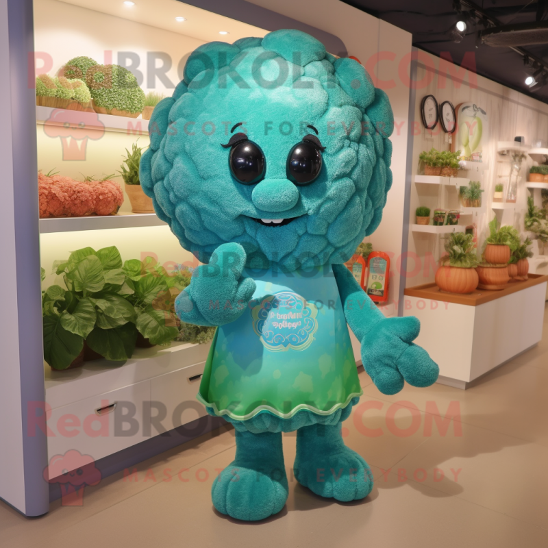 Turquoise Broccoli mascot costume character dressed with a Romper and Hairpins Turquoise Broccoli mascot costume character dressed with a Romper and Hairpins