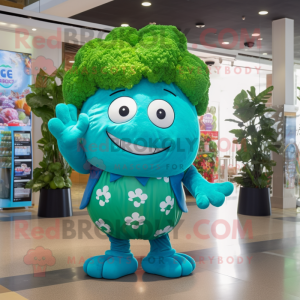 Turquoise Broccoli mascot costume character dressed with a Romper and Hairpins