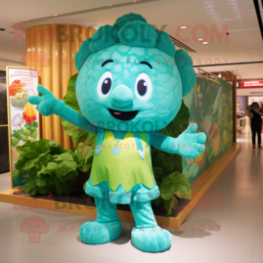 Turquoise Broccoli mascot costume character dressed with a Romper and Hairpins