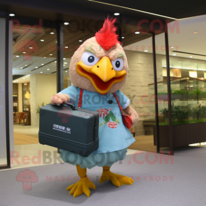 nan Chicken mascot costume character dressed with a T-Shirt and Briefcases