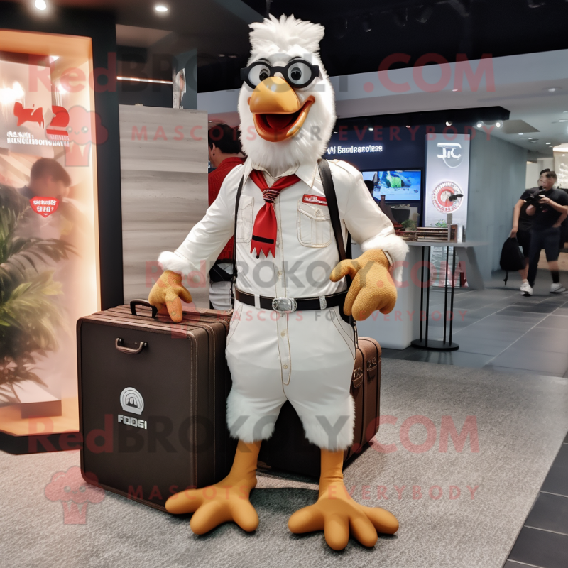 nan Chicken mascot costume character dressed with a T-Shirt and Briefcases