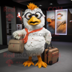 nan Chicken mascot costume character dressed with a T-Shirt and Briefcases