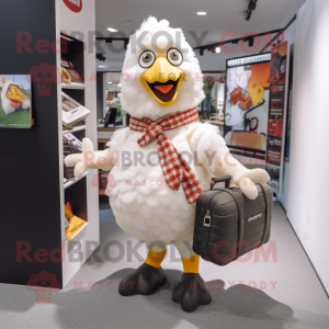 nan Chicken mascot costume character dressed with a T-Shirt and Briefcases