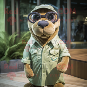Olive Sea Lion mascot costume character dressed with a Poplin Shirt and Eyeglasses