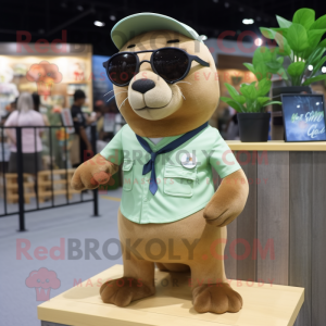 Olive Sea Lion mascot costume character dressed with a Poplin Shirt and Eyeglasses