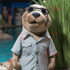Olive Sea Lion mascot costume character dressed with a Poplin Shirt and Eyeglasses