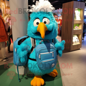 Turquoise Chicken Parmesan mascot costume character dressed with a Pencil Skirt and Backpacks