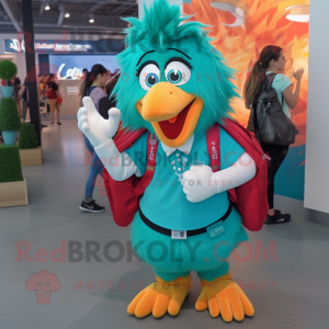 Turquoise Chicken Parmesan mascot costume character dressed with a Pencil Skirt and Backpacks