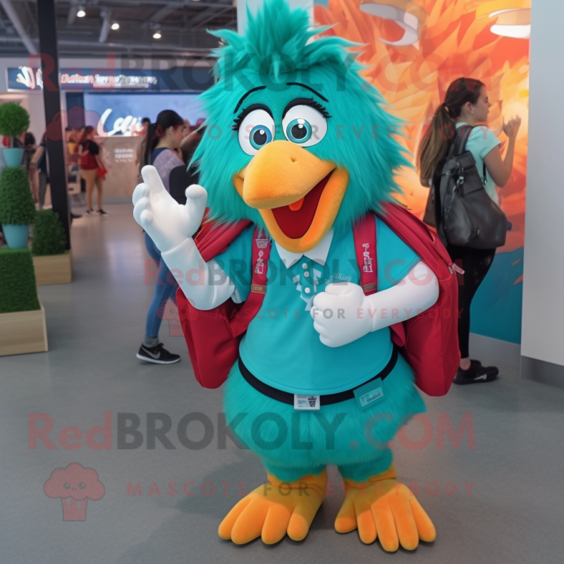 Turquoise Chicken Parmesan mascot costume character dressed with a Pencil Skirt and Backpacks