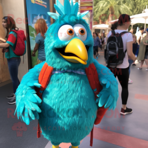 Turquoise Chicken Parmesan mascot costume character dressed with a Pencil Skirt and Backpacks