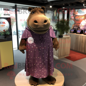 Brown Hippopotamus mascot costume character dressed with a Maxi Dress and Lapel pins