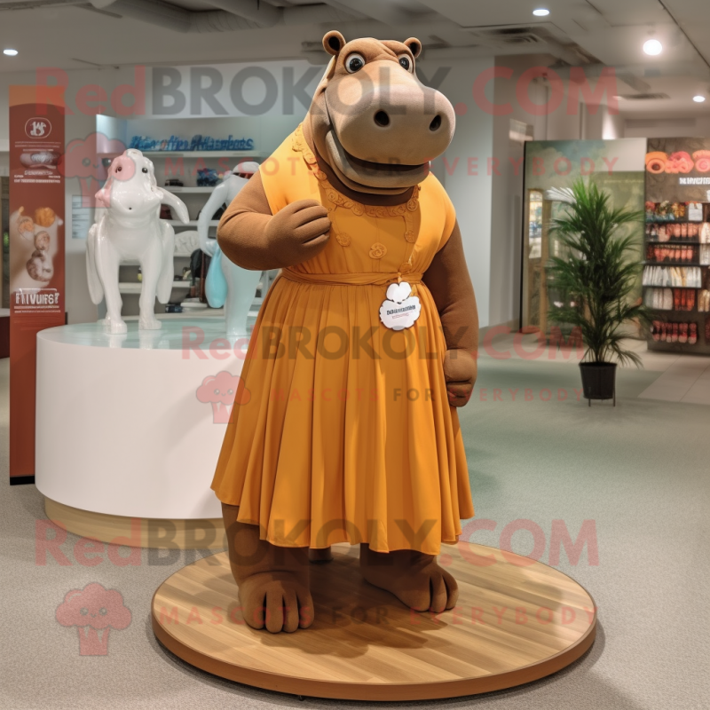 Brown Hippopotamus mascot costume character dressed with a Maxi Dress and Lapel pins Brown Hippopotamus mascot costume character dressed with a Maxi Dress and Lapel pins