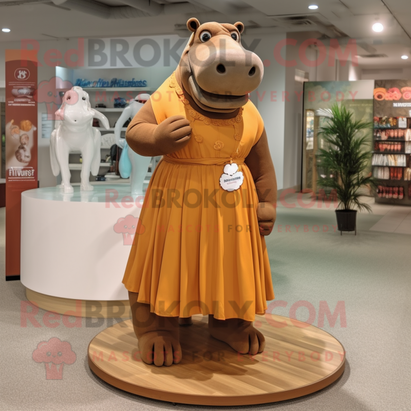 Brown Hippopotamus mascot costume character dressed with a Maxi Dress and Lapel pins