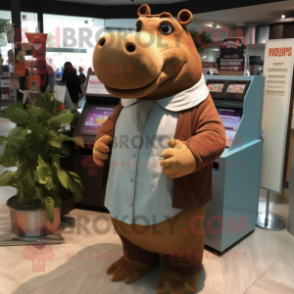 Brown Hippopotamus mascot costume character dressed with a Maxi Dress and Lapel pins