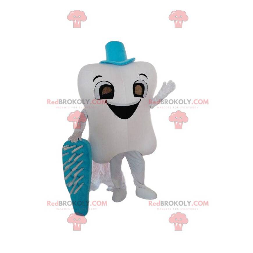 Obří bílý zub maskot s modrým kartáčkem na zuby - Redbrokoly.com