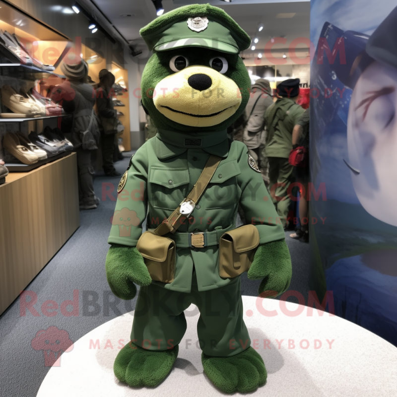 Green Navy Seal mascot costume character dressed with a Coat and Keychains Green Navy Seal mascot costume character dressed with a Coat and Keychains