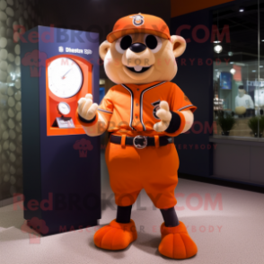 Orange Vampire mascot costume character dressed with a Baseball Tee and Bracelet watches