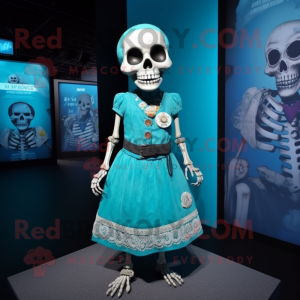 Turquoise Skull mascot costume character dressed with a Shift Dress and Suspenders