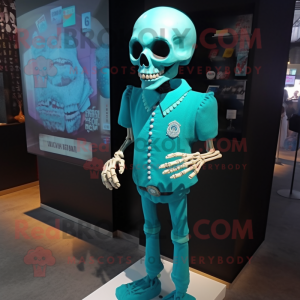 Turquoise Skull mascot costume character dressed with a Shift Dress and Suspenders