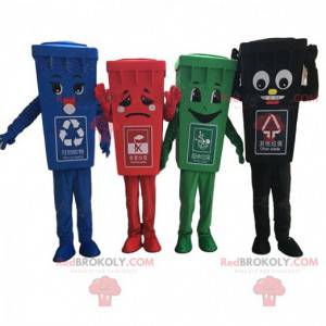 4 mascottes de bennes à ordures colorées, costumes de poubelles