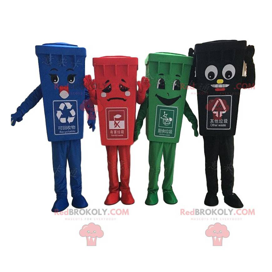 4 colorful garbage dumpster mascots, garbage bin costumes -