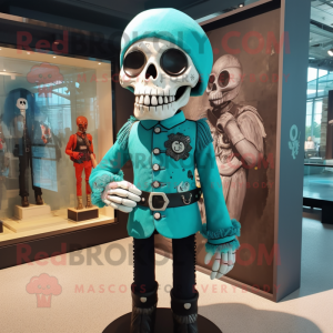 Turquoise Skull mascot costume character dressed with a Shift Dress and Suspenders