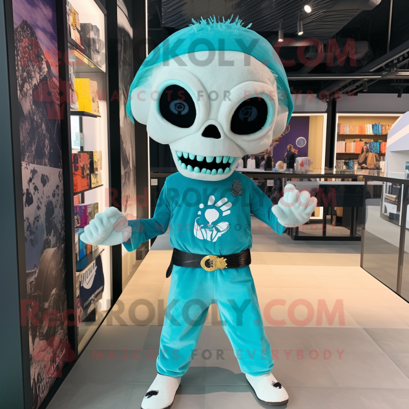 Turquoise Skull mascot costume character dressed with a Shift Dress and Suspenders