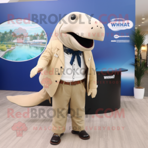 Tan Humpback Whale mascot costume character dressed with a Trousers and Lapel pins
