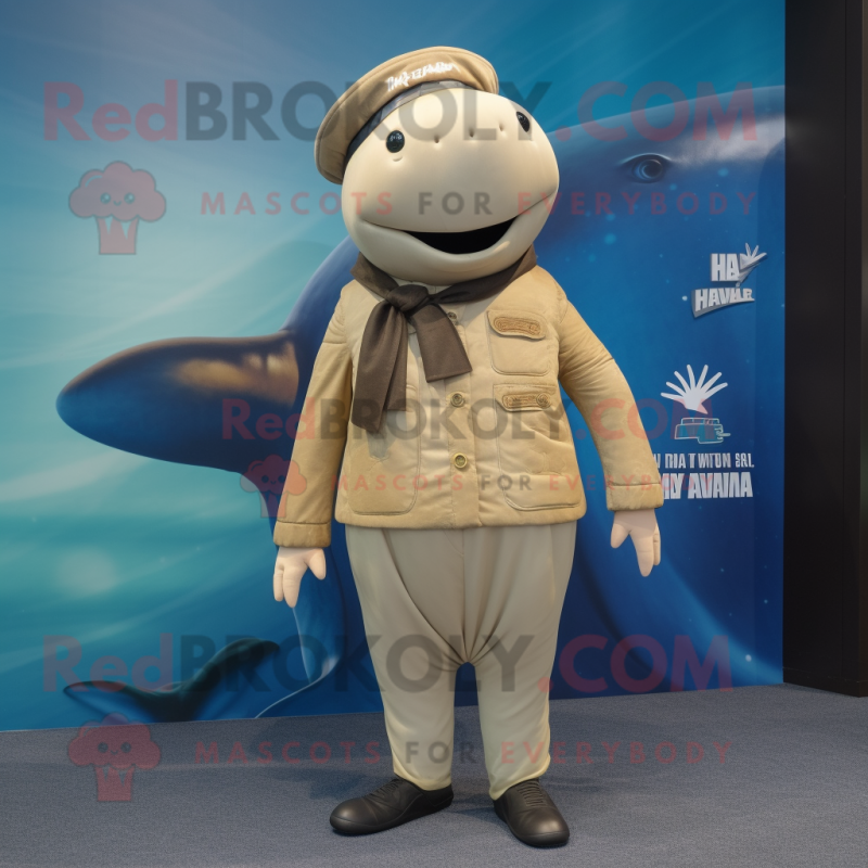 Tan Humpback Whale mascot costume character dressed with a Trousers and Lapel pins