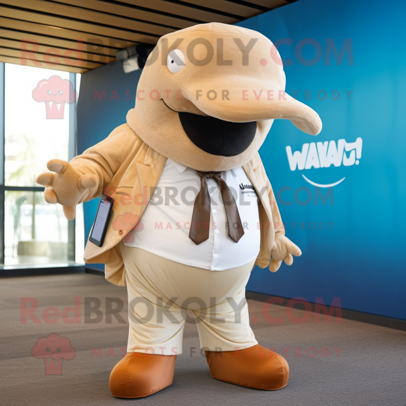 Tan Humpback Whale mascot costume character dressed with a Trousers and Lapel pins Tan Humpback Whale mascot costume character dressed with a Trousers and Lapel pins