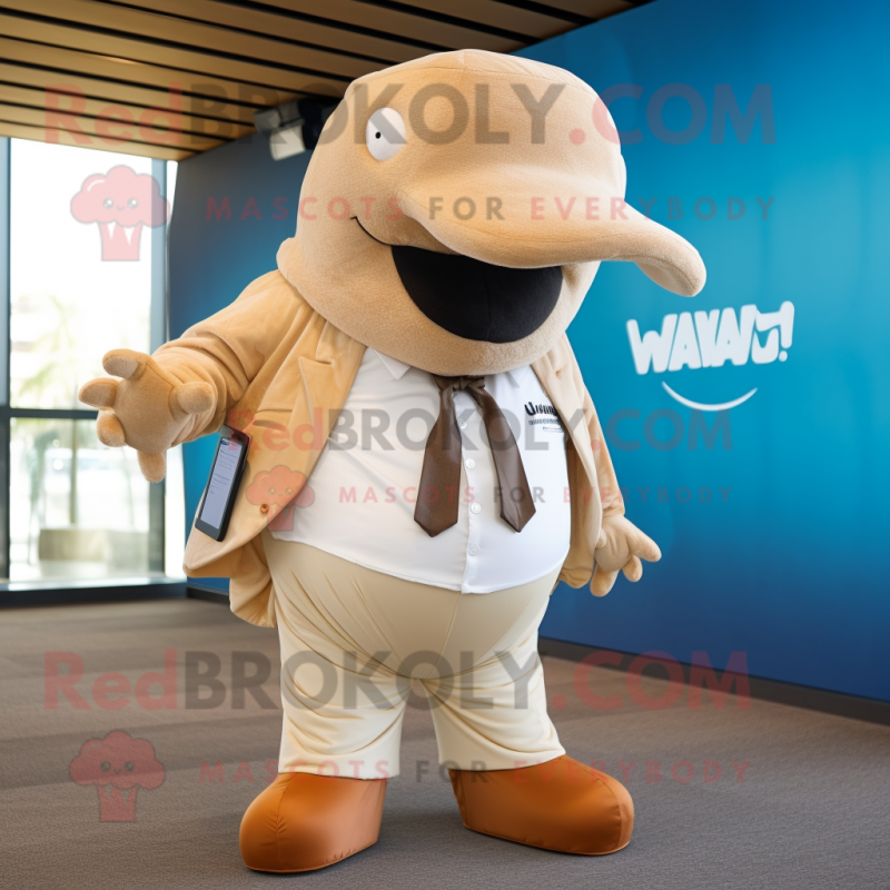 Tan Humpback Whale mascot costume character dressed with a Trousers and Lapel pins