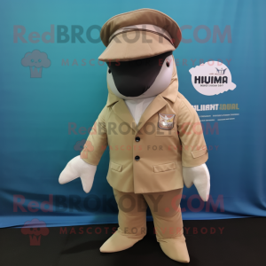 Tan Humpback Whale mascot costume character dressed with a Trousers and Lapel pins