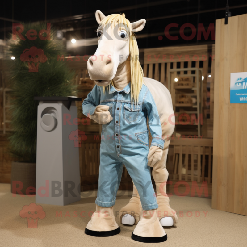 Beige Quagga mascot costume character dressed with a Denim Shirt and Shoe laces