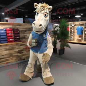 Beige Quagga mascot costume character dressed with a Denim Shirt and Shoe laces