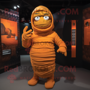 Orange Mummy mascot costume character dressed with a Sweatshirt and Necklaces